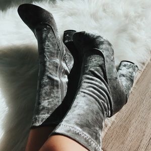 Grey Velvet Sock Boots w/ Round Heel